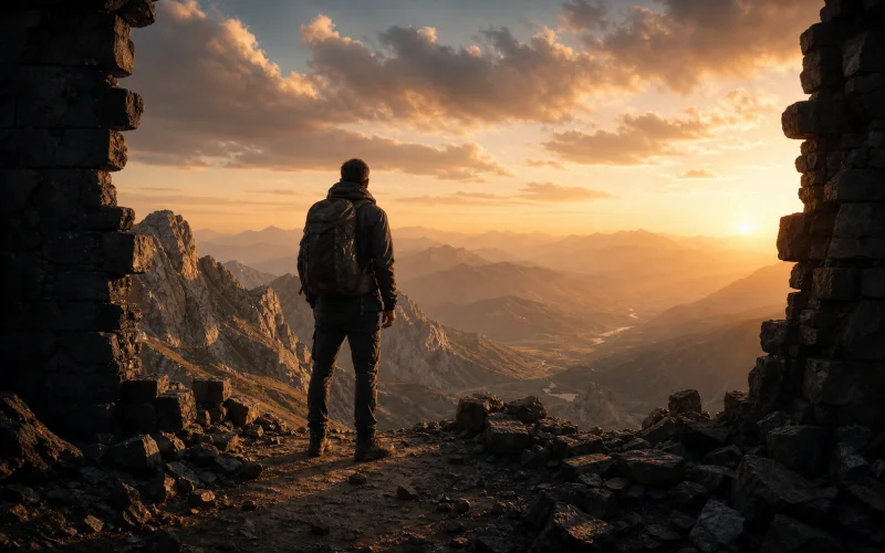 A solitary hiker steps through a broken stone threshold toward a mountain sunrise