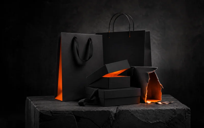Matte black retail packaging with vivid orange interiors on a dark stone plinth