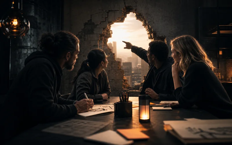 Four people work together beside a bright opening in a fractured studio wall