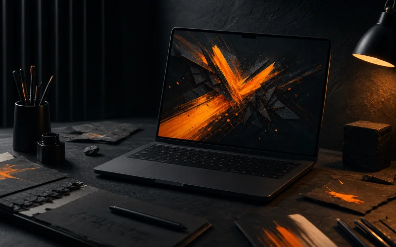 A dark creator desk with abstract orange artwork on an unbranded laptop