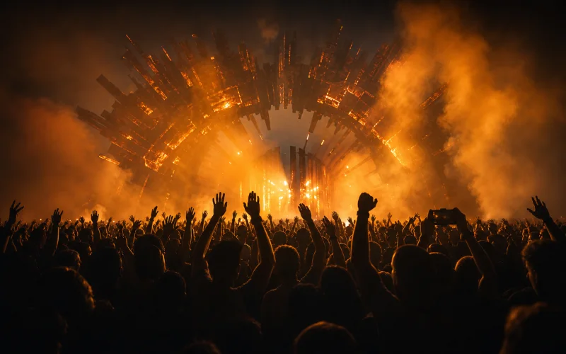 A concert crowd gathers beneath a dramatic arch of warm orange stage light