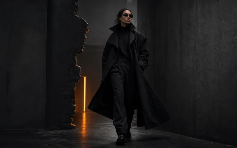 A model in sculptural black clothing walks through a raw charcoal passage