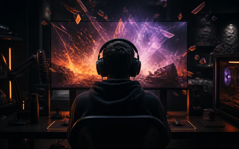 A player faces an immersive abstract world of violet and orange light