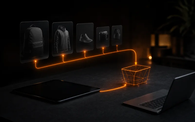 An orange light path reconnects product forms with a geometric shopping basket